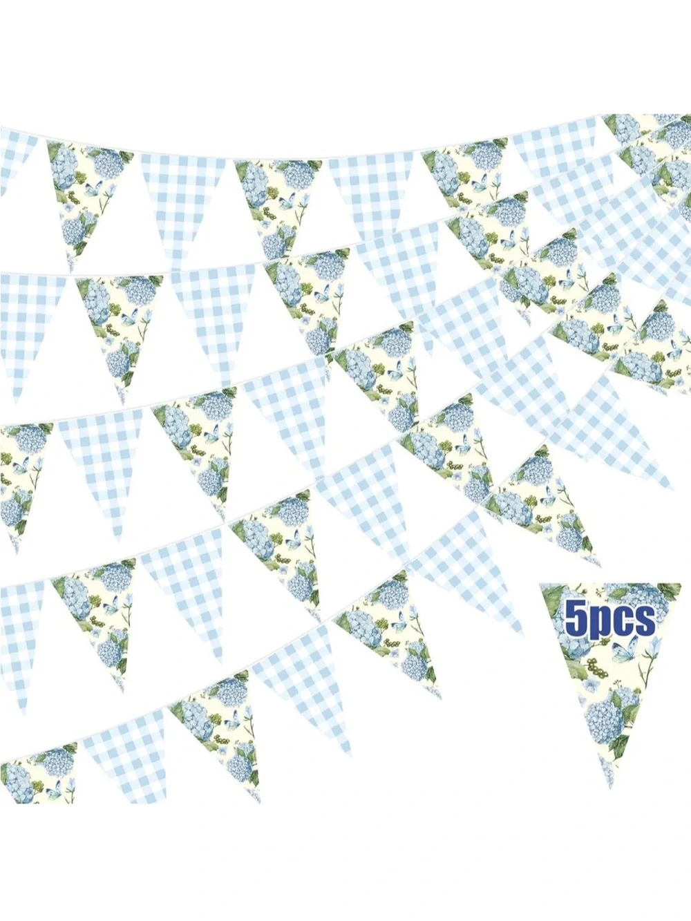 Blue Floral & Gingham Party Bunting Banners. Set of 5- Home Party Supplies🌼